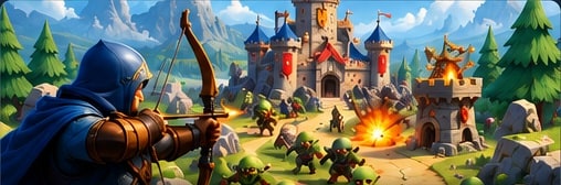 Munteva TD artwork: a hooded archer defending a castle from goblins.