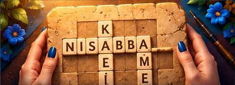 Nisabba artwork: hands arranging letter tiles on a clay crossword board.