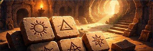 Nisabba: Lost Tablets artwork: carved stone tablets in a torch-lit ruin.